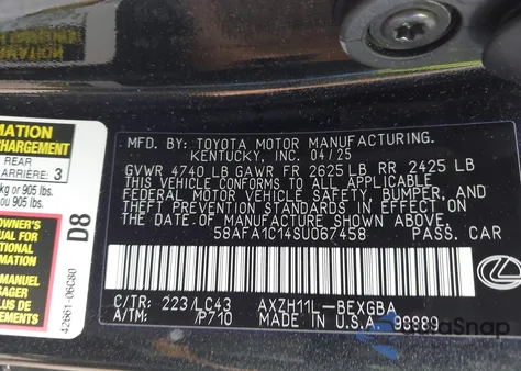 2025 Lexus Es 300H Ultra Luxury from USA, damaged, VIN 58AFA1C14SU067458